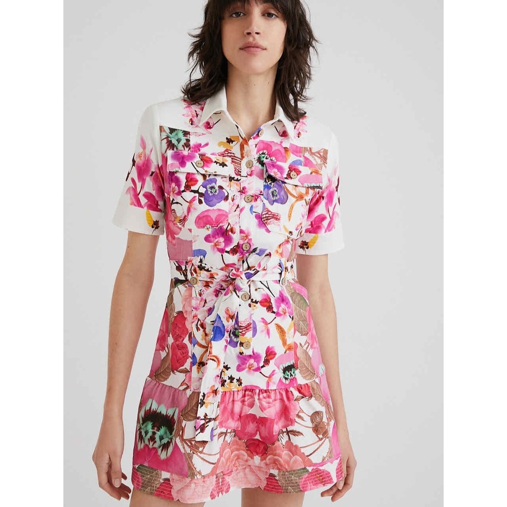 Desigual Christian Lacroix‎ Floral Shirt Dress Womens L White Pink Burdeos Mini